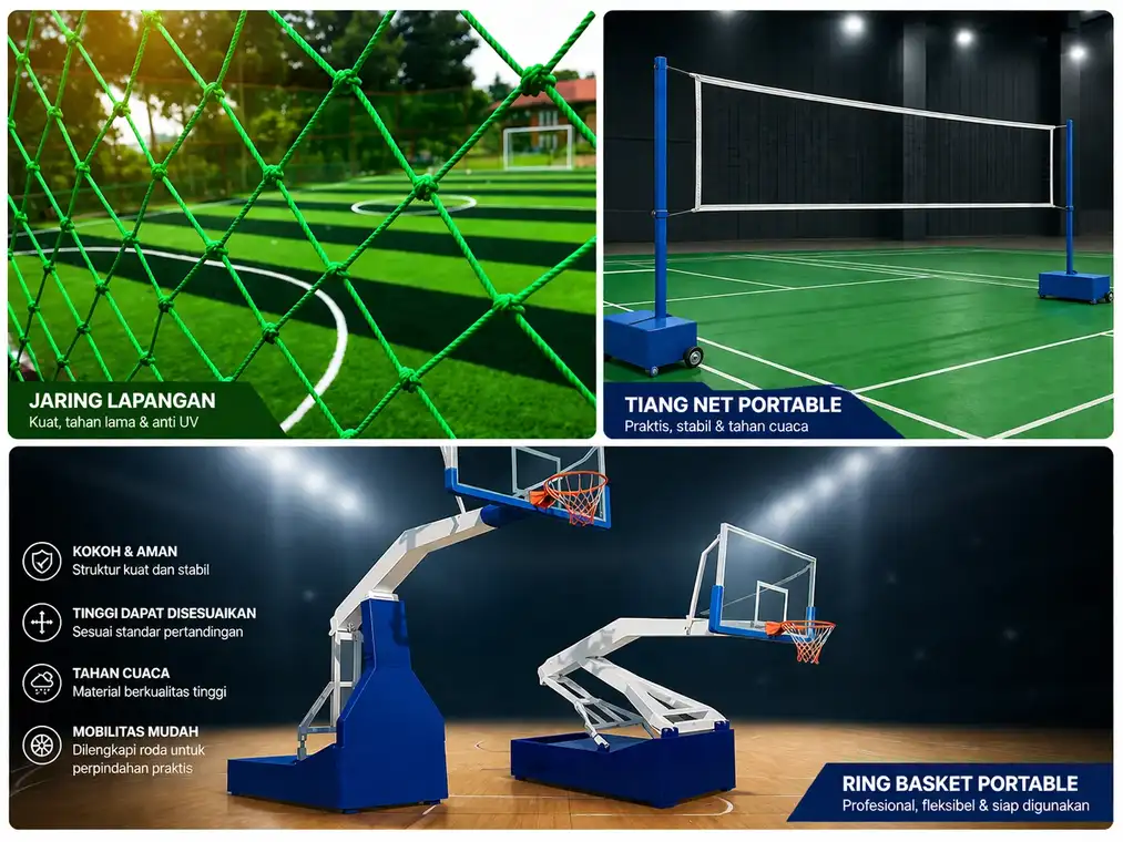 Aksesori lapangan olahraga ring basket dan tiang net portable