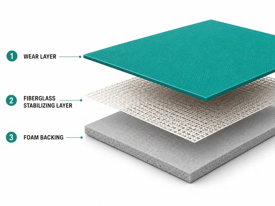 Diagram 3 layer karpet vinyl badminton: wear layer teal anti-slip, fiberglass stabilizing layer, dan foam backing peredam benturan